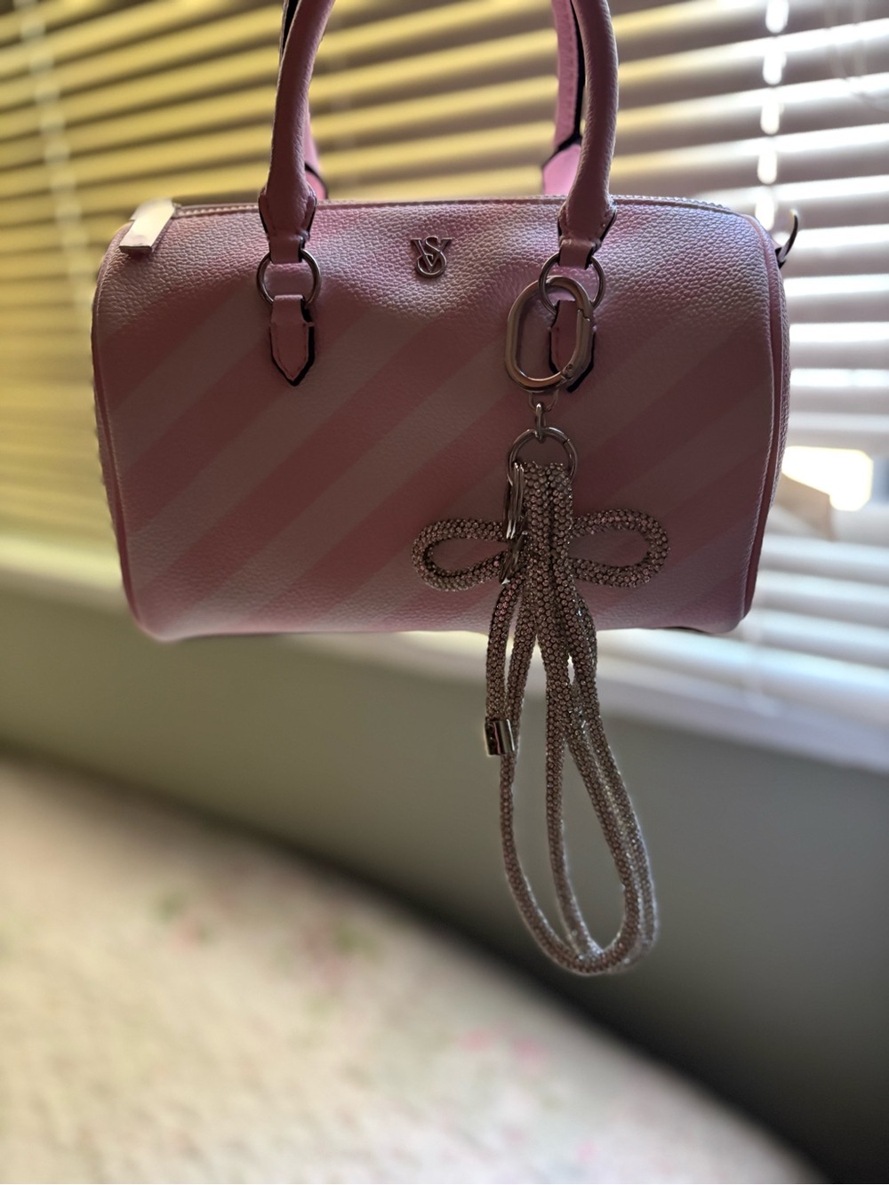 Victoria's Secret Pink Striped Barrel Satchel with Tassel Charm